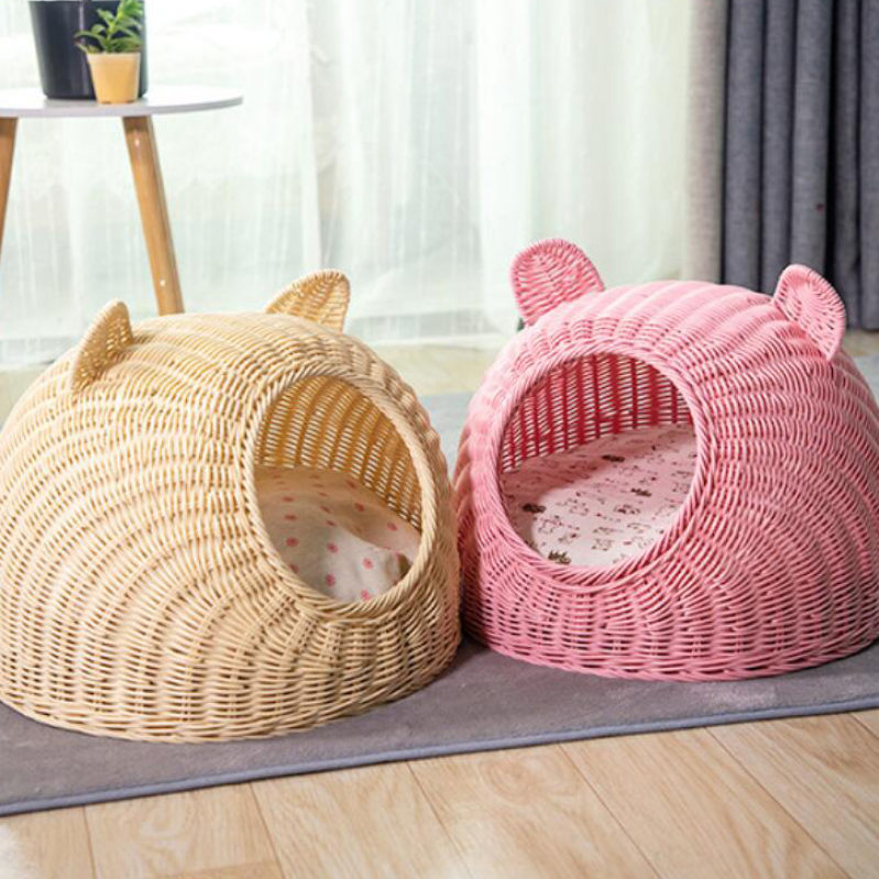 楽天よしきショップ300円OFFクーポン ペットベッド 猫 ペットハウス キャットケージ 猫かごネスト プラスチック藤編み 食品グレード藤編み 可愛い猫耳型 丈夫 清潔 無味 通気製抜群 かわいい 猫 耳 みみ ドーム型ペットベット ペットハウス 猫用ハウス OceanMap