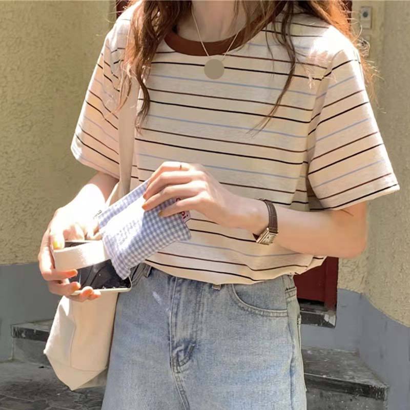 500円OFFクーポン T シャツ レディース 夏服 長袖 大きい サイズ 丸襟 ストライプ カットソー お出かけ カジュアル ファッション ボーダー柄 柔らかい 快適 半袖tシャツ シンプル Tシャツ ルームウェア 部屋着 通気 夏用 OceanMap