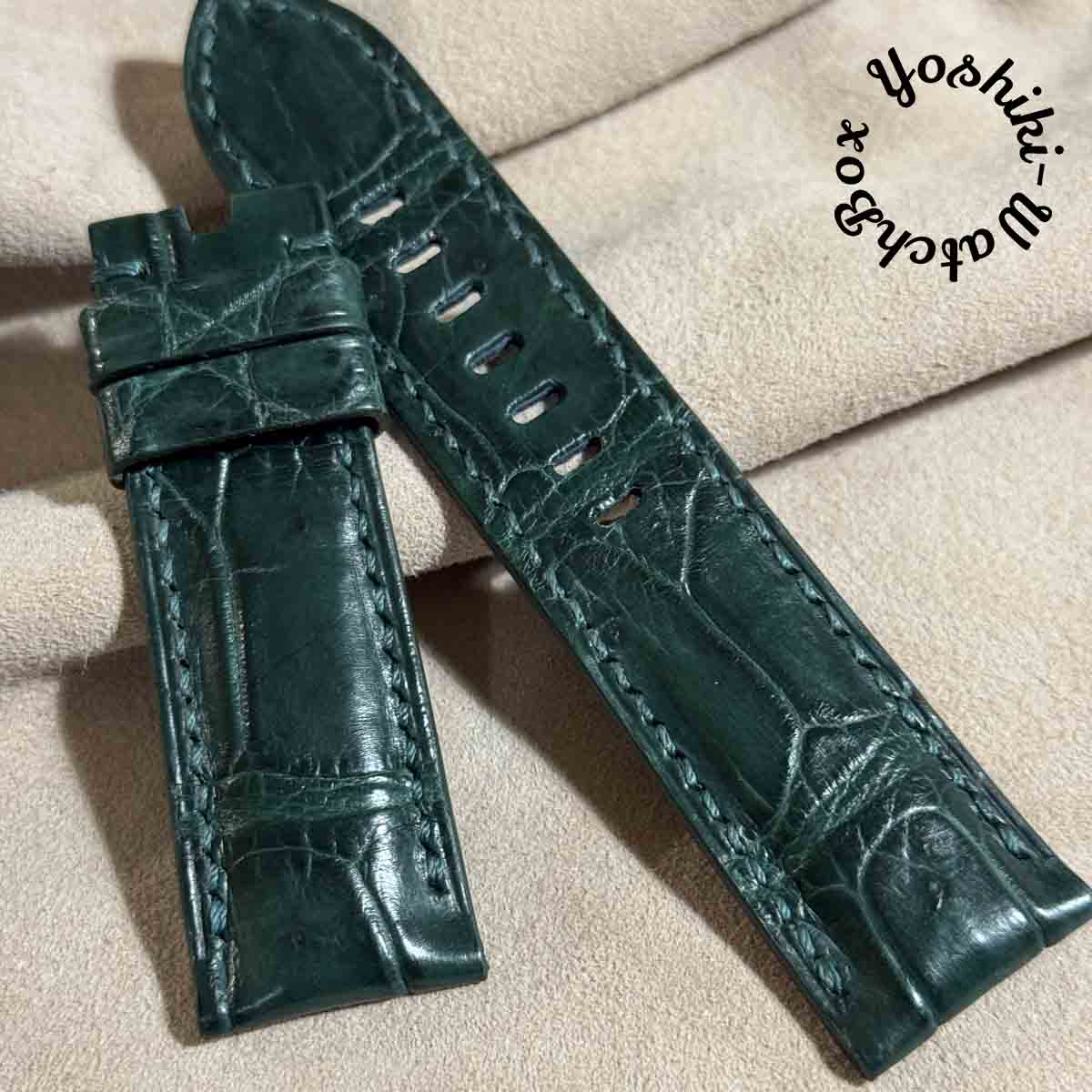 cro-1814 クロコダイル レザー 腕時計 ベルト グリーン (ラグ幅24 mm - バックル幅22 mm)