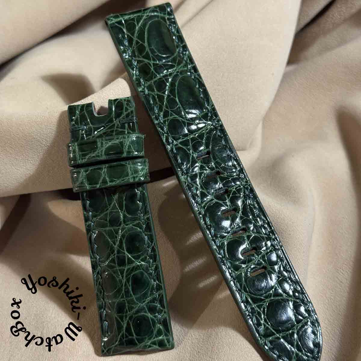 cro-1847 クロコダイル レザー 腕時計 ベルト グリーン（グロス仕上げ） (ラグ幅22 mm - バックル幅20 mm)