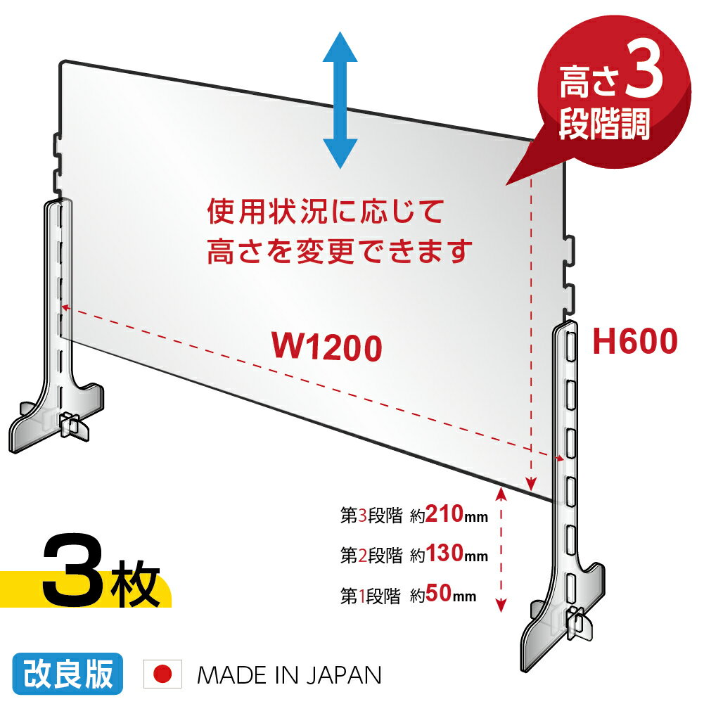 日本製 改良版 3段階調整可能 透明 アクリルパーテーション W1200mm×H650mm キャスト板採用 飛沫防止 対面式スクリーン デスクパーテーション デスク用仕切り板 ウイルス対策 衝立 角丸加工 組立式cap-12060-3set