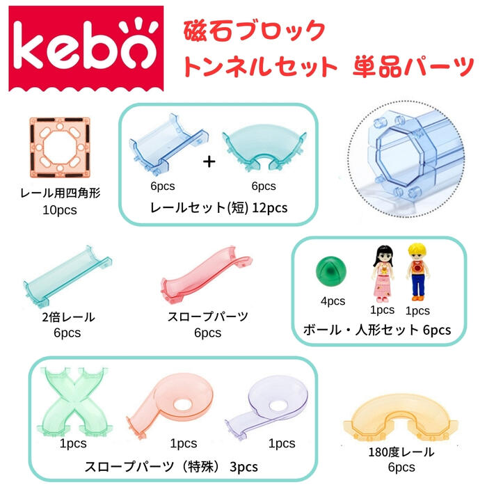 kebo 知育玩具 おもちゃ 磁石ブロック ビー玉転がし スロープトイ 単品 ばら売り 追加 お試しパック 補充パック マグネットブロック 積み木 スロープパーツ