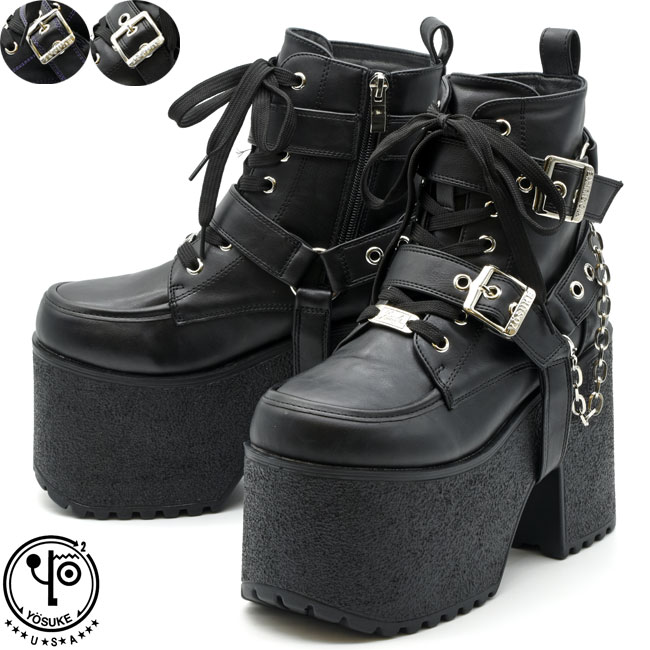 【 返品無料 交換無料 】 【 ショップ袋プレゼント 】 ヨースケ YOSUKE 厚底ブーツ レースアップブーツ ハイソール ゴスロリ リングベルト メンズ ブラック 黒 銀 4468044