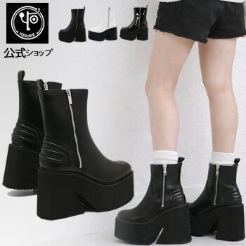 新作 / ヨースケ 厚底ブーツ レディース 公式キズ補修液付 YOSUKE 厚底 ショートブーツ 歩きやすい 11.3cm ヒール ボリュームソール 白 黒 エナメル ストーム プラットフォームブーツ スクエアトゥ 靴