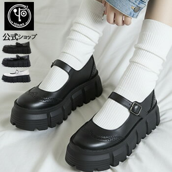 新作 / ヨースケ YOSUKE 厚底パンプス 公式キズ補修液付 ストラップ シューズ ウイングチップ 7cm 厚底フラットシューズ 靴 ボリュームソール 厚底靴 白 黒 エナメル ガーリー ゴスロリ ぺたんこ 靴 メリージェーン