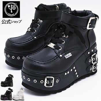 ヨースケ 厚底ブーツ レディース 公式キズ補修液付 YOSUKE スタッズデザイン ショートブーツ10.3cmボリュームソール 厚底靴 黒 白