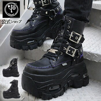 最新作 / ヨースケ 厚底スニーカー レディース ハイカット 公式キズ補修液付 YOSUKE 厚底ブーツ 10cmボリュームソール 厚底靴 ライブ用 黒 紫 直営限定アイテム