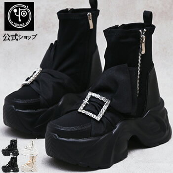 ヨースケ 厚底スニーカー 公式キズ補修液付 YOSUKE 厚底ブーツ りぼんビジューバックル付き レディース 7cmヒール スプリットソール 靴