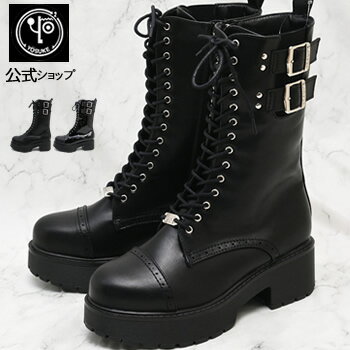 ヨースケ 厚底ブーツ メンズ 公式キズ補修液付 YOSUKE ミリタリー レースアップブーツ コンバットブーツ ミドル バックル付き 6.0cmヒール