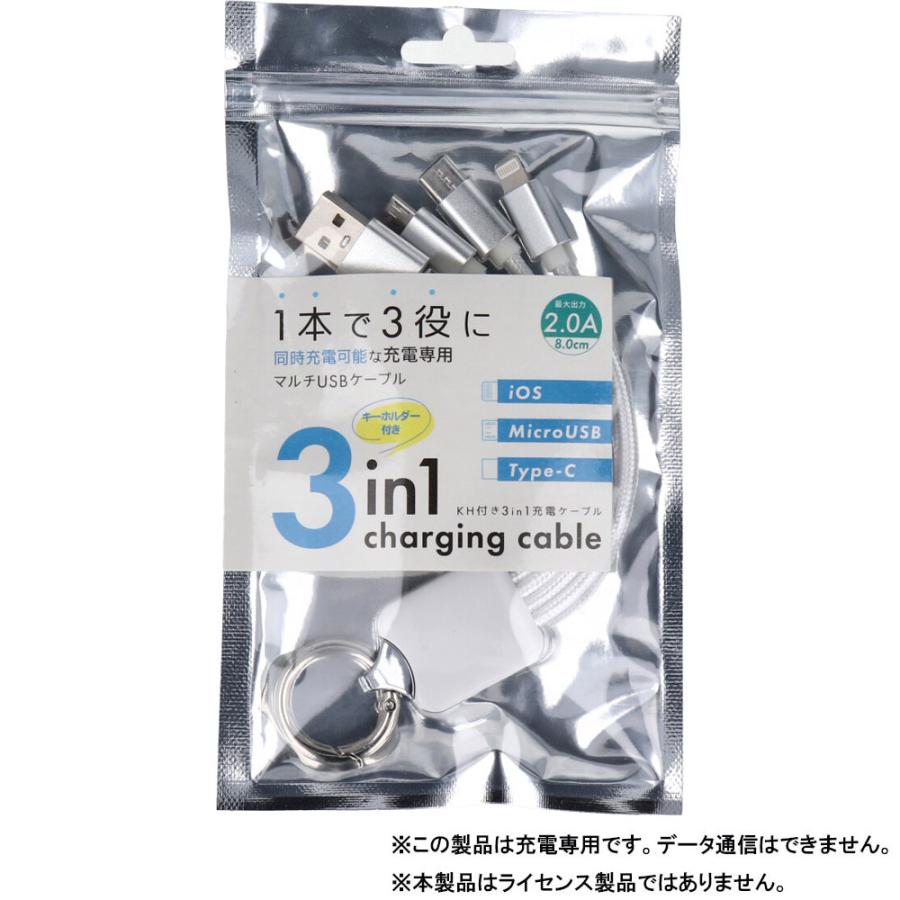【送料無料】キーホルダー付き3in1 充電ケーブル ホワイト【代金引換不可】【定形外郵便】エール　c006WH