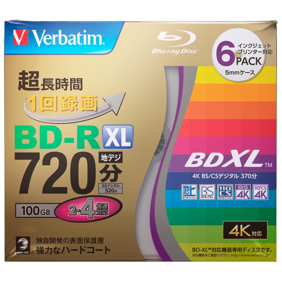 ◆1回録画用 ◆独自開発の表面保護層、協力なハードコート ◆新4K衛星放送も残せる ◆地デジ：720分、BSデジタル：520分 ◆4K BS/CSデジタル：370分 ■　仕　様　■ メディア形式：BD-R XL パック枚数：6枚パック 最大記録速度：4倍速 プリンタブル：インクジェットプリンタ対応　ホワイトレーベル　ワイド印刷エリア パッケージ：5mmスリムケース ※写真はイメージサンプルです。あくまでイメージですので、実際の商品と異なります。 （外箱の保証は致しません。） 当店では、商品の初期不良等の返金・交換は致しておりません。申し訳ございませんが万が一初期不良等ございましたらメーカー様に直接お問い合わせをお願い致します。 商品によっては、外箱に（擦り傷・凹み・破れ等）のダメージがある場合がございます。 【関連キーワード】 バーベイタム 4倍速対応BD-R XL 6枚パック100GB ホワイトプリンタブル Verbatim VBR520YP6VTO テレビ・レコーダー 録画用HDD・メディア 録画用ディスク ブルーレイメディア BD-R　キャラクターグッズ　ポイント消化　おもちゃ　玩具