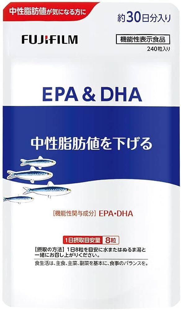 商品の特長EPA＆DHAは、こんな方々の健康・元気をサポートするためのサプリメントです。魚不足を補いたい方中性脂肪値を下げたい方うっかりを減らしたい方「EPA＆DHA」で中性脂肪値対策をはじめよう。EPA・DHAはマグロやイワシなど、古くから日本の食文化を支えてきた青魚に多く含まれている成分で、人間が健康な生活を維持するのに欠かせない必須脂肪酸のひとつです。それゆえに、青魚などの食事から積極的に取りたい成分です。しかし近年、日本人の食生活は魚介中心から肉中心に変化し、魚介類の摂取量は年々減少しています。「機能性関与成分 EPA・DHAの機能性」EPA・DHAが中性脂肪値の減少を助ける！EPA・DHAには、中性脂肪値を下げる機能があることが報告されています。毎日摂取することで中性脂肪が気になる方の健康の維持をサポートします。成分原材料名 EPA・DHA含有精製魚油（国内製造）、ビタミンE含有植物油／ゼラチン、グリセリン栄養成分表示 ＜8粒（3912mg）当たり＞ エネルギー 28.4kcalたんぱく質 0.95g脂質 2.66g炭水化物 0.15g食塩相当量 0～0.04g機能性関与成分 EPA 600mg DHA 260mg摂取の方法水やぬるま湯と一緒にお召し上がりください。