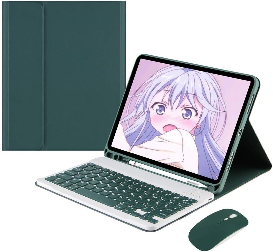 ワイヤレスマウス付き iPad 9.7 キーボードケース iPad第6世代 iPad第5世代 iPad Air 2 iPad Pro 9.7 かわいい キャンディーカラー レディース アイパッド 9.7インチ 分離式 カラーキーボード付き ケース カバー ア ップルペンシル 収納 ペンホルダー付き 女性 人気 (深緑)
