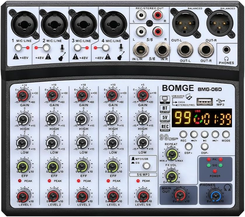 ◆商品名：BOMGE 6チャンネルdjオーディオミキサー、MP3 USB Bluetooth、48Vファンタム電源、5V電源、99 DSPエコーエフェクトミキサー（ライブ、音楽、カラオケ、ポッドキャスト用） (黒) 1 .DSPエフェクト機能Bomge Professional 6 -チャンネルミキサーは、あなたの音楽のためにより多くの可能性をつくって、あなたの音にいろいろな変化をもたらします内蔵16の反響/遅れ音効果プロセッサーを備えています。例えば、生放送やダビング記録中の音声の変更に使用される。 2 .複数のオーディオ入力モード専門の6 -チャンネル・オーディオミキサー（MICとステレオ回線入力）を含む：4つのモノラル入力は、XLR（48 Vの幻の力でアンバランスな1 / 4インチのプラグ）を支持します、1つのステレオ、6.3 mmのXLR、USB、ブルートゥース入力、異なる装置を接続するためのRCAソケット。 3 .オーディオはPC / Uディスク/携帯電話に録音することができますサウンドミキサーは、サウンドカードやオーディオインターフェイスでは、このDJサウンドコントローラからの超低ノイズ音を記録するために使用されているのは、PC、Uディスク、携帯電話や他のデバイスにbulsesしています。それはビルトイン記録制御をして、USBとRCAポートでオーディオを出力することができます。 4 .便利なブルートゥースワイヤレス接続は、このミキサーは、ユーザーがワイヤレスでパッド、携帯電話やコンピュータ（混合物）の入力音楽をワイヤレスでストリームすることができます。同時に、それは、再生、一時停止、スイッチ曲などの内蔵コントロール、ボリュームやその他の機能を調整しています。 5.6つのチャンネルミキサーは、音楽、ライブバンドパフォーマンス、カラオケ、オンライン生放送（携帯電話/コンピュータ）、党などを生産するために、ホームスタジオで使われることができます。