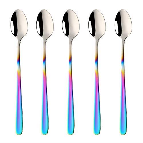 Buyit パフェスプーン ロングスプーン かき氷スプーン 5本組 20cm オシャレ 18-10ステンレス製 鏡面仕上げ 食洗機対応 (シルバー/カラフル)