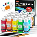 Shuttle Art アクリル絵の具 25色セット アクリル顔料 速乾 防水 耐久 60ml ブラシ3本 パレット付き 鮮やか メタリック 蛍光色 大容量 伸...