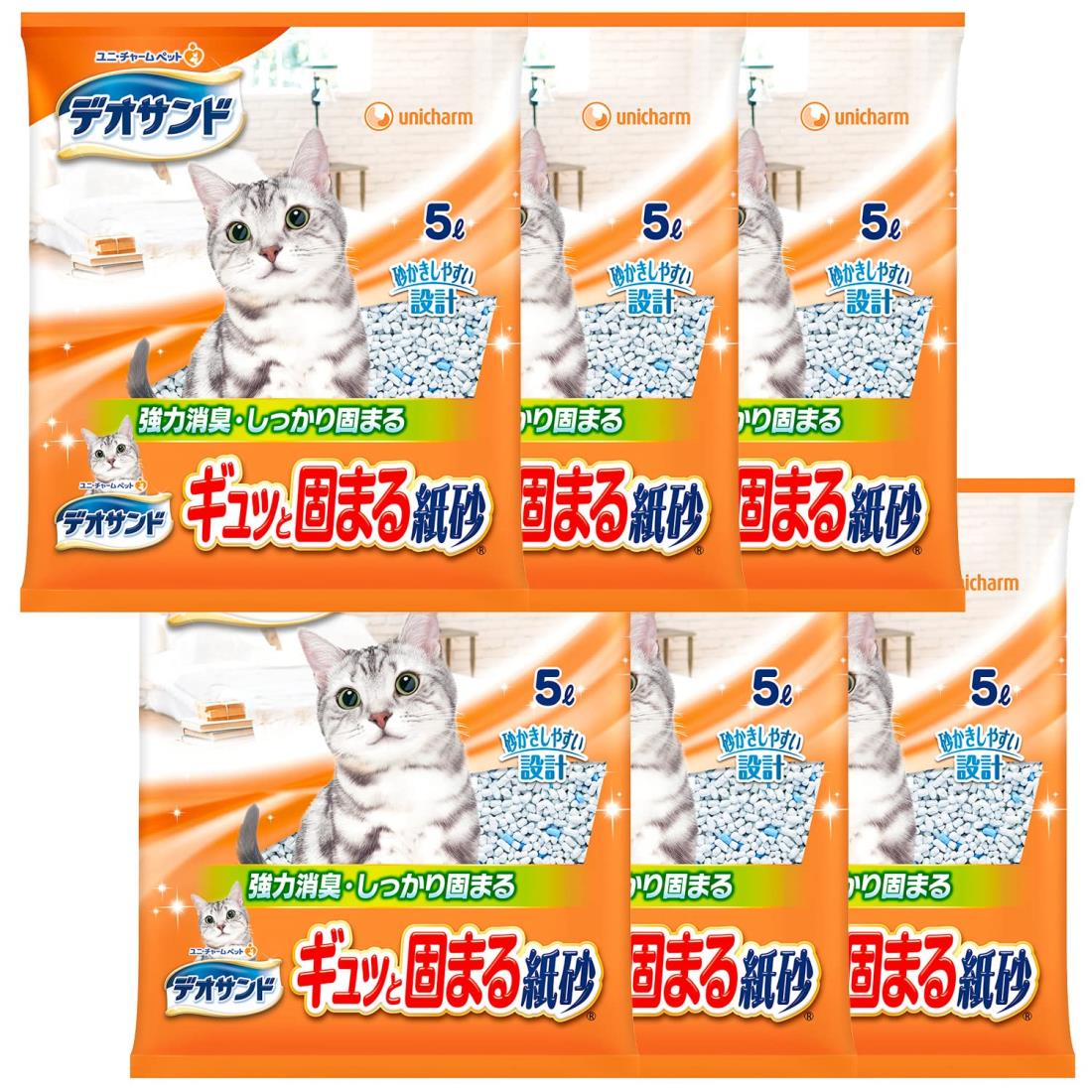 【まとめ買い】デオサンド 猫用 サンド ギュッと固まる 紙砂 30L(5L×6) おしっこ ペット用品 ユニチャーム 1