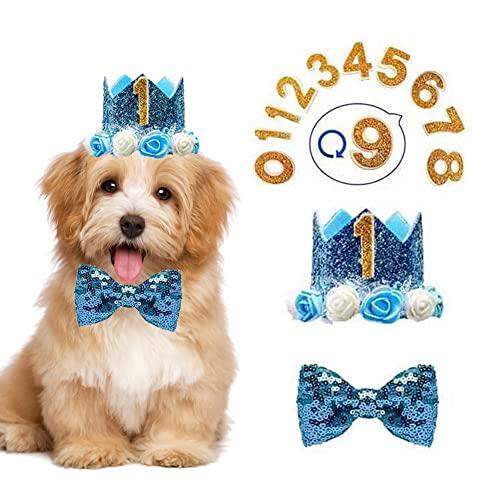 犬 誕生日 帽子 蝶ネクタイ 犬 猫用 誕生日グッズ 誕生日帽子 3点セット バースデー帽子 ペット用誕生日帽子 王冠 数字付き クラウン きらきら バースデーハット 飾り付け ペット 帽子 誕生日ハット（ブルー）