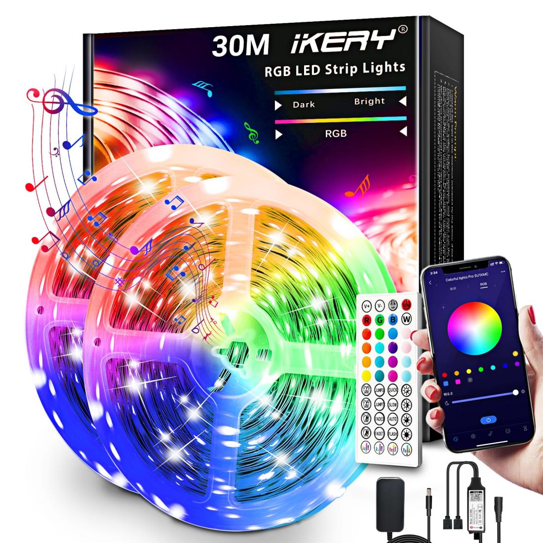 IKERY LEDテープライト 30M APP制御 音声同期 SMD5050 24V 4ピン 1600万色 高輝度RGB 切断可能 調光調色 工具不要 入電電圧100V-240V…