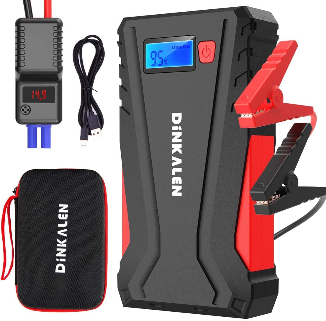 ◆商品名：DINKALEN ジャンプスタータ ー 12V車用 エンジンスターター QC3.0充電 12800mAh ピーク電流800A ポータブル 緊急ライト搭載 スマホ急速充電器 日本語取扱説明書【万が一に備えて頼れるひと品】当ジャンプスタータ ーのピーク電流が800Aに達し、12ボトルのガソ リン車(6.0Lまで)やディー ゼル車(5.0Lまで)を一発でエンジンをかけられます。12800mA大容量で、フル充電の状態で最大25回までジャンプスタータ ーでき、常に自動車に備えて安心感がたっぷり！他にバイク・ラック・船舶・モーターボートなどにも対応しています。【分かりやすいデジタル化】二つのディスプレイが搭載されて、ジャンプスタータ ー自体の状況だけではなく、カーバッテリーの電圧の数値と操作エラーまで表示できます。自動車の状況がより明確に把握できます！さらに、不当な操作が発生する時、エラーが停止されたり、大音量のアラームが起こしたり、安全保護を提供します。【極究の安全対策＆PSE認証】ジャンプケーブルは安全な保護回路が搭載されて、ショート/逆接続/過放電/過電流/逆電流/逆極性/過充電などの誤接続が発生するとき、電力の出力が抑制する仕組みです。火花は飛ばなく、加熱と膨張することなく、火事の恐れから保護します。また、日本の法 律に定められた電気用品安全法(PSE)の適合性検 査を受けたリチウムバッテリーはが採用されて、安全性はさらにアップします。【QC3.0急速充電＆緊急LEDライト】便利機能が搭載されて、日常品としても活躍します。QC3.0高速 充電出力ポートが搭載、普通の充電器やモバイル バッテリーより速く他のデバイスに充電します。内蔵LEDフラッシュライトは三つの点灯バターン（点灯・SOS点滅・ストロボ点滅）があり、暗い場所での緊急作業、防災用品及び普通の照明工具として役に立っています。【パッケージ内容&注意事項】パッケージ内容：1*ジャンプスタータ ー本体・1*ジャンプケーブル・1*本体充電用ケーブル・1*取扱説明書・1*専用収納ケース。ディスプレイが消えない場合、30秒以上の電源をボタンを押してリセットてください。