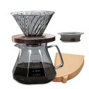 ESTVLB コーヒーサーバー 耐熱ガラス 木製ホルダー コーヒードリッパー 600ml 目盛付き 2~4人用 コーヒー ドリップ 器具 電子レンジ可 フタ付き...