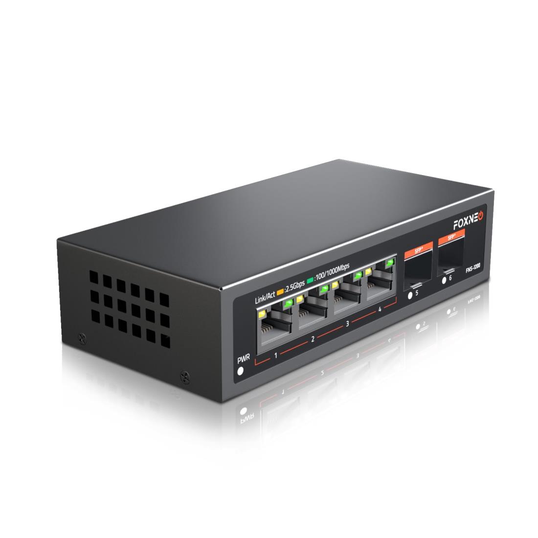 FOXNEO 2.5gbps スイッチングハブ 6ポート（4x2.5G RJ45と2x10G SFP+）搭載 個人や家庭向けのスイッチングハブ 静音ファンレス設計 デスクトップや壁掛け設置可能 金属筐体 プラグアンドプレイ アンマネージド スイッチングハブ