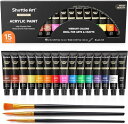 Shuttle Art アクリル絵の具 アクリル顔料 15色セット 速乾 耐久 チューブ 12ml 手作り 布/石/ガラス/セラミックに描ける 子供用 イラスト...