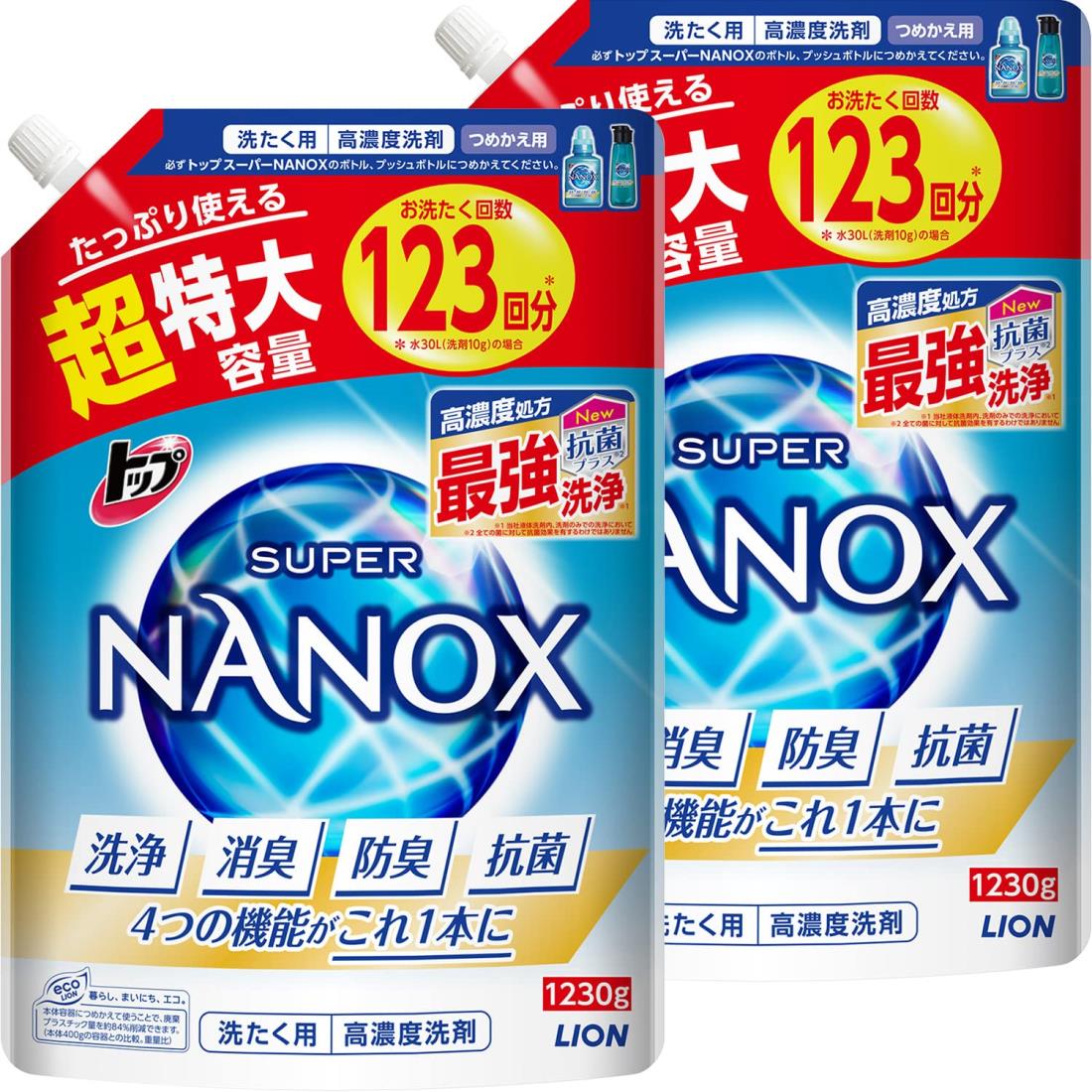 トップ ナノックス(NANOX)【まとめ買い 大容量】トップ スーパーナノックス 蛍光剤無配合 高濃度 洗濯洗剤 液体 詰め替え 超特大1230g×2個セット