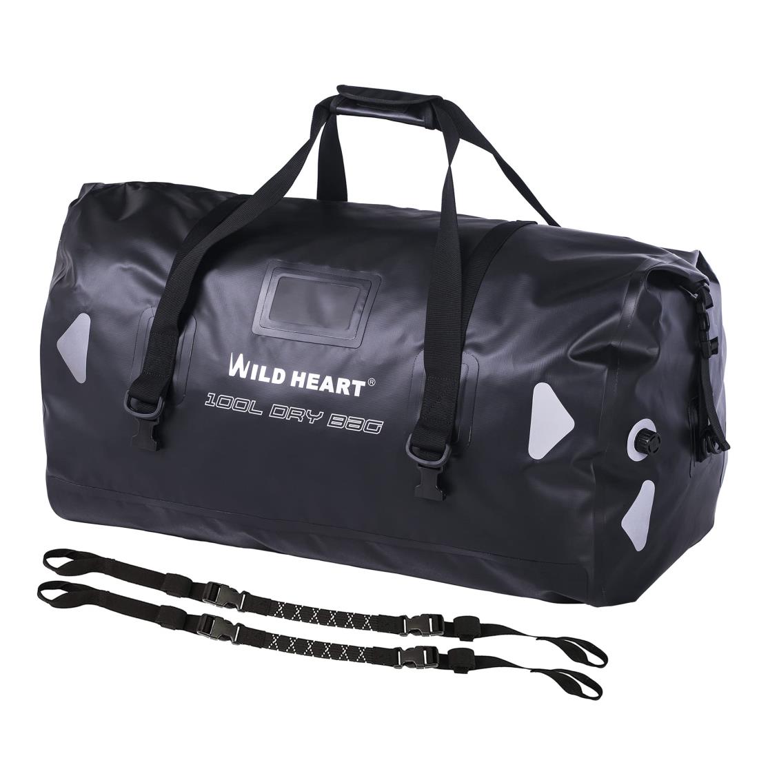 WILD HEART 防水バッグ ダッフルバッグ 40L 66L 100L 溶接シームショルダーストラップ付き バインディングロープ カヤック キャンプ ボート/バイサイクル オートバイドラムバッグ ツーリング シートバッグ オートバイ アウトドア (黒, 100L)