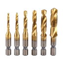 ドリルビット 六角軸 6本セット 面取りタップ 穴あけ ねじ切り タップ スパイラル チタンコーティング HSS 高速度鋼タップドリルセット M3-M10 プラ...
