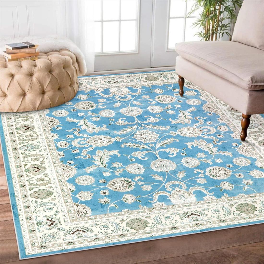 HAOCOO カーペット夏 2畳 185х185cm 正方形 ペルシャ絨毯風 おしゃれ 洗える ラグ 耐磨耗性 すべり止め 低反発 防音 室内用 ラグマット シェニール オールシーズン適用 抗菌防臭 花柄 ライトブルー