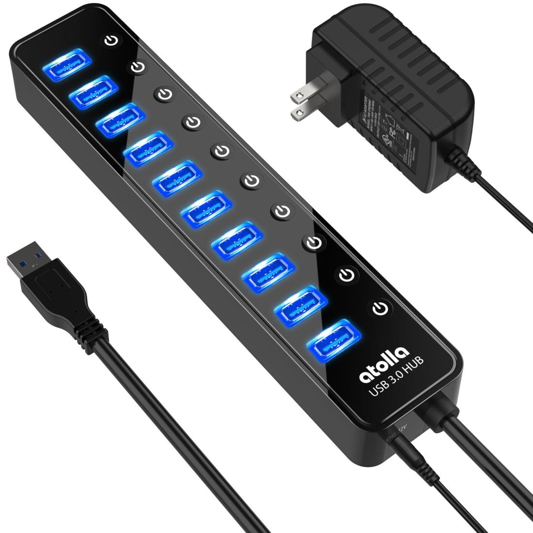 USB3.0ハブ 電源付き atolla USB ハブ 10ポート USBハブ セルフパワー/バスパワー USB Hub 5Gbps高速データ伝送 USB3.0 拡張 独立スイッチ付き 12V/2.5A ACアダプタ付き Android/Windows/MacBook/Mac/Surface Pro等システムとノートPC対応