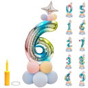 数字バルーン 誕生日 飾り付け 空気入れ付き バースデーバルーン ナンバーバルーン 風船セット パーティー お祝い 結婚式 記念日 飾り 虹色(6)