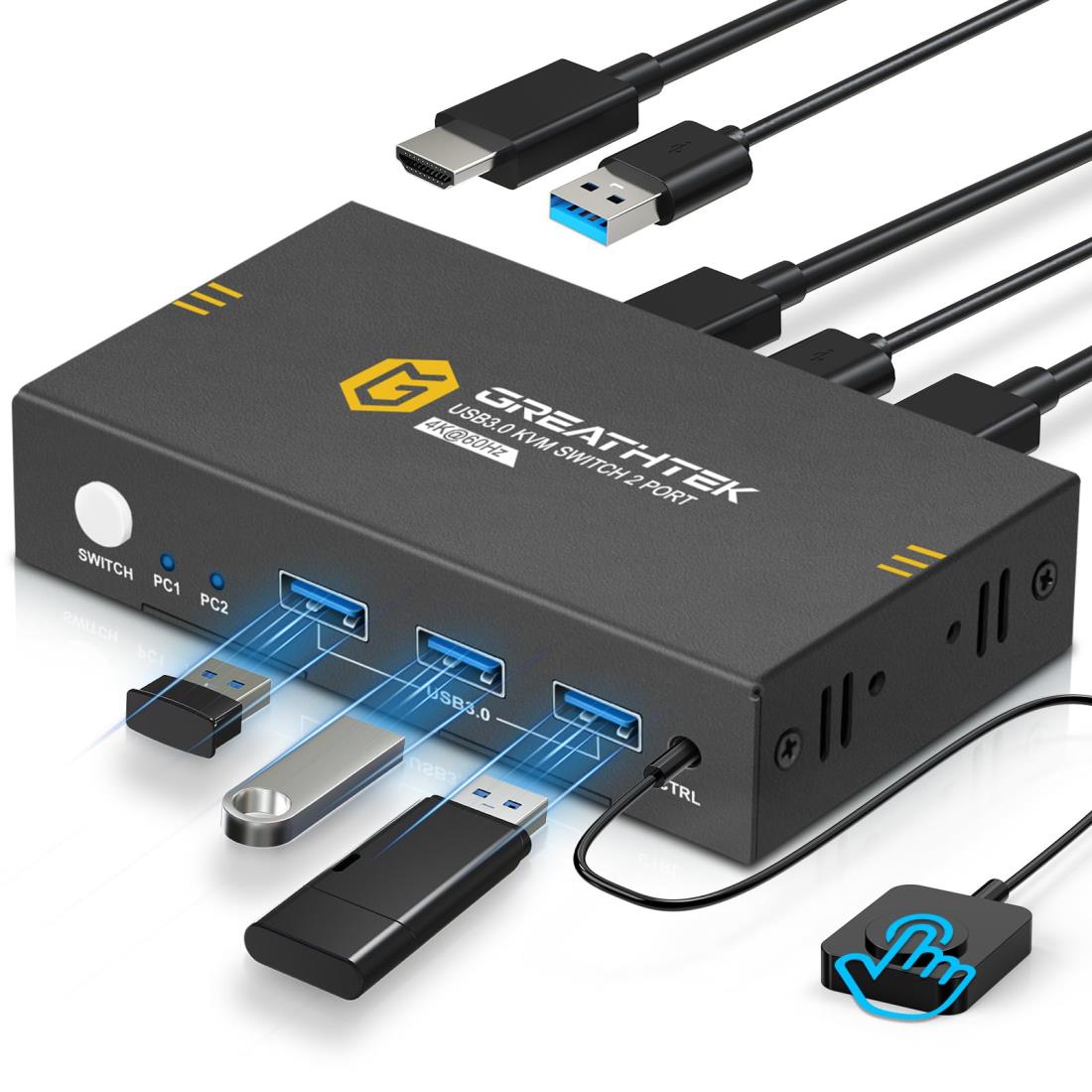「2024版」KEBENES USB3.0 KVMスイッチ、2台のPCを1台のモニターに接続、4K@60Hz解像度、HDMI KVM切替器 2入力1出力、ボタン＆有線リモコン切り替え対応、仕事/会議/娯楽に最適