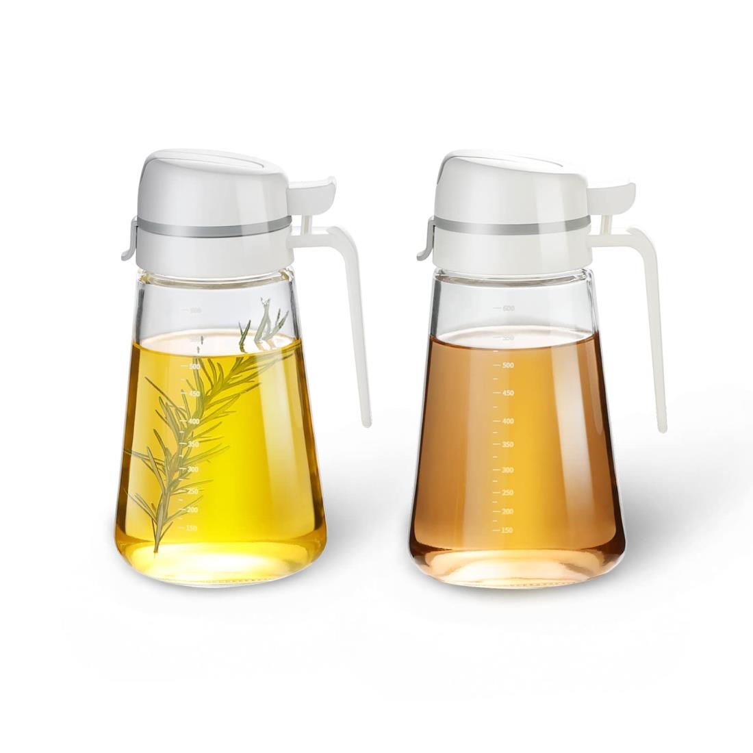 Meterga オイルボトル 調味料入れ オイル差し 液だれしない 自動開閉 容器 オイルポット ガラス キッチン用品 液体調味料 詰め替え 醤油 オリーブオイル サラダ油 酢 料理用 片手 目盛り付き 650ml シンプル 2本セット