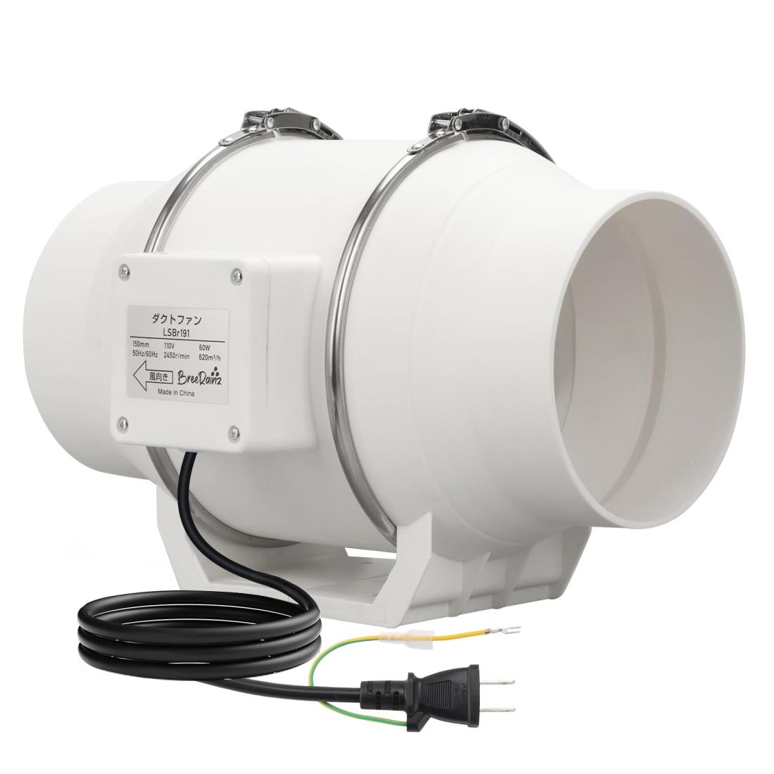 BreeRainz ダクトファン Φ150mm 強力 ダクト用換気扇 風量620m³/h 大風量 省エネ 低騒音 排気ファン 中間取付 塗装ブース用 家焼肉 家庭用 業務用 排風機 丸形タイプ 110V 日本仕様電源プラグ (150mm)