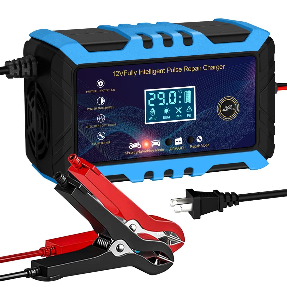 12Vバッテリー 充電器 車/バイク バッテリー 充電器 自動バッテリーチャージャー パル ス充電器 6A充電電流 4-100Ah鉛蓄バッテリー用 LED表示 バイク/車/トラック等適用 日本語説明書