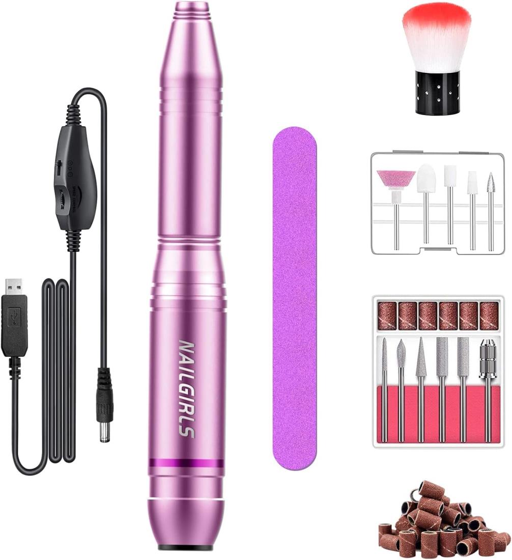 NAILGIRLS 電動ネイルマシン 11個のビット ネイルマシン ビット ジェルネイル オフ キット ネイルケア 爪磨き 甘皮処理 甘皮ケア 正逆回転 無段階変速 USB給電 自宅サロン用(ピンク)