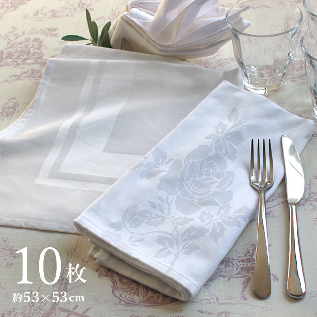 トーション ナフキン 【10枚セット】《スクエア・バラ柄》 （コンビニ受取対応） ホワイト ワイン トーション アンティーク テーブル ナプキン 白ナフキン 業務用 ホテル レストラン 綿100％【送料込】のサムネイル