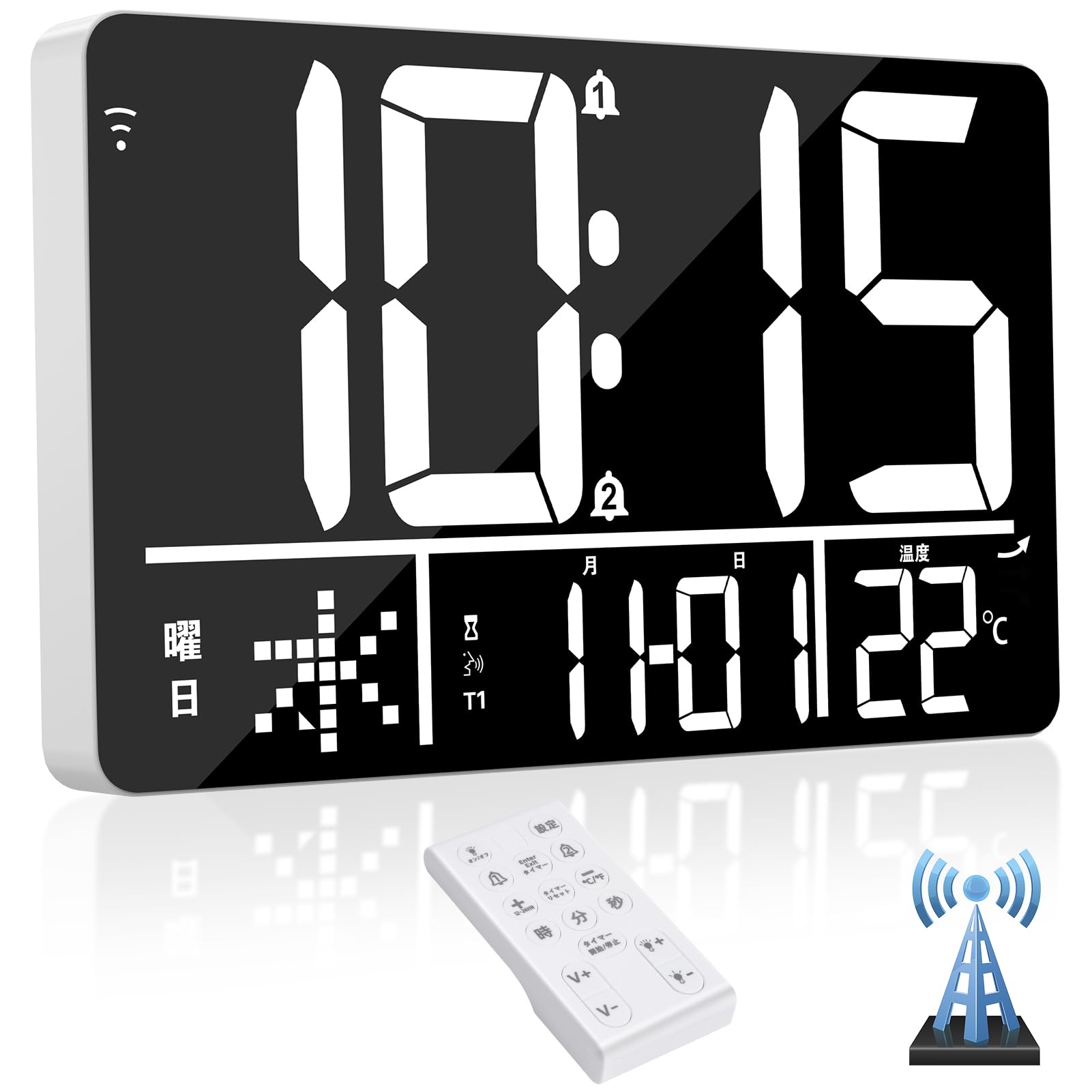 Blueekin デジタル時計 WiFi 自動時刻修正 電波 大型 13インチ 4段階調光 2組アラーム 25種音楽ベル 4段階音量調節 デジタルカレンダー スヌーズ タイマー 音声アナウンス 置き掛け兼用 12H/24H時間表示 温度付き