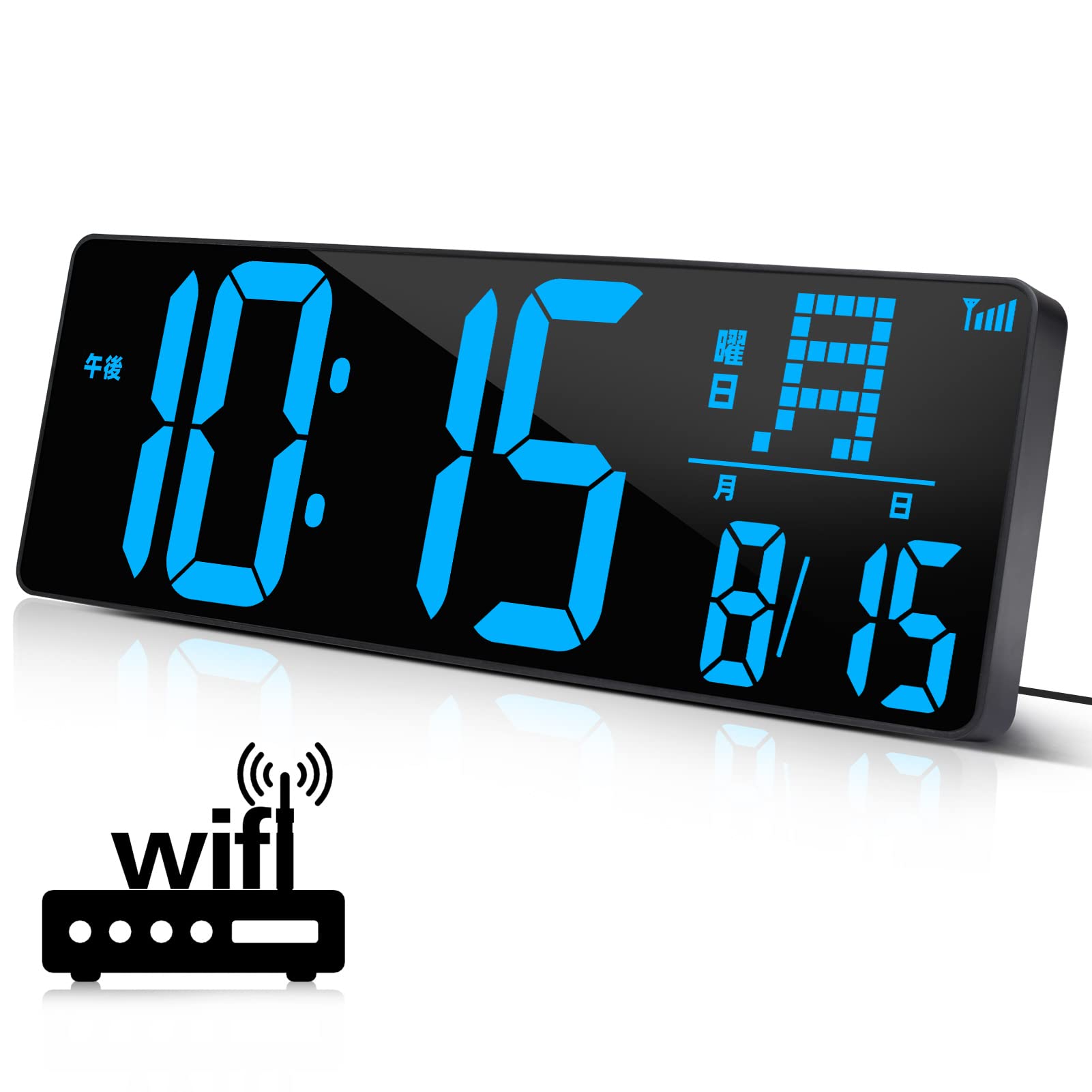 「2023最新」Blueekin デジタル時計 LED大画面 WiFi時間自動修正対応 大型 明るさ調整可能 見やすい 壁掛け置き兼用 目覚まし時計 大音量 タイマー機能 掛け時計 卓上置き時計 おしゃれ アラーム スヌーズ機能 時間/カレンダー/温度表示 12H/24H時間表示（アイスブルー）