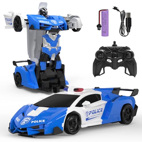 楽天You and Me 楽天市場店DEERC ラジコンカー こども向け スタントカー パトカー 警察車 ロボットに変換 変形可能 リモコンカー デモモード 360°回転 2.4GHz おもちゃ 誕生日 プレゼント 子供 男の子 小学生 中学生 贈り物 MIC認証済み DE39ブルー