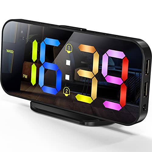 デジタル目覚まし時計 EDUP LOVE LEDデジタル時計 2つのUSB充電ポート スヌーズモード 明るさの調整 キッチン寝室のリビングルームオフィス用のモダンな卓上時計- 彩色 作業には電源接続が必要…