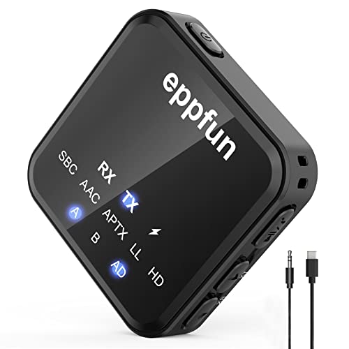 eppfun AK3046C Bluetooth 5.2 Qualcomm aptX-Adaptive HDトランスミッター レシーバー (受信機 送信機 一台二役) AAC/aptX/aptX-LL/aptX-HD 対応、ハンズフリー通話対応 、2台同時接続、3.5mm RCA/AUX 接続 ブルートゥース トランスミッター