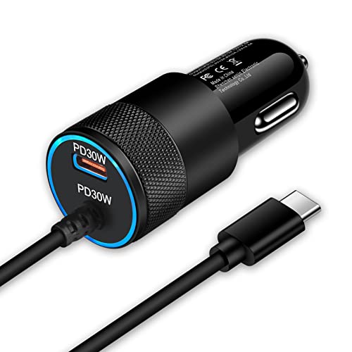 60W シガーソケットusb c 急速充電器 type cケーブル付き 2ポート同時 車載充電器PD30W+PD30W FodLop 車 usb カーチャージャー 12V/24V車対応 小型 iPhone15/14/13/SE/12/11/X/8,Xperia,Galaxy S23/S21/Note9,Sonyなどに対応（黒）