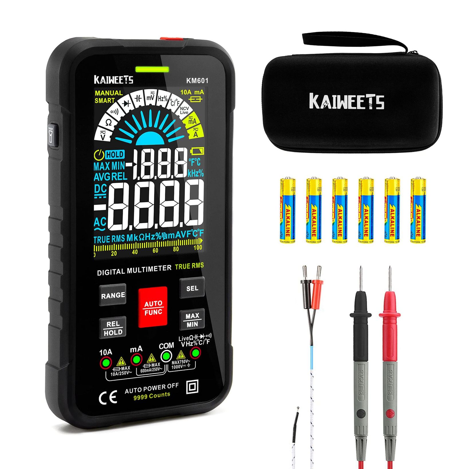 KAIWEETS テスター 10000カウントマルチメーター 直流/交流電圧 電流 抵抗 導通 静電容量 ダイオード 導通 デューティ比 温度測定 デジタル スマートテスター 日本語説明書