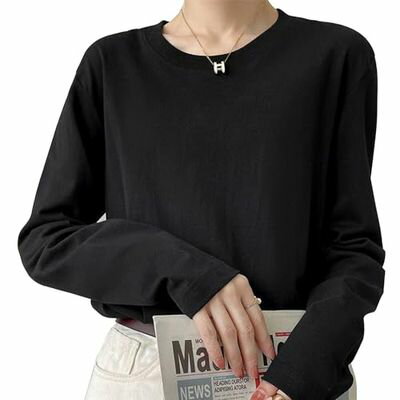 [SooPii] ロングTシャツ ロンT 長袖 ロングスリーブ カットソー トップス 着?せ クルーネック レディース メンズ 無地 綿 おしゃれ カジュアル 春 秋 冬 男女兼用 (ブラック, M)