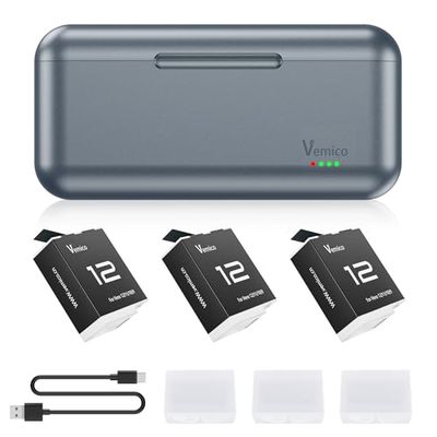 Vemico 寒冷地 Gopro Hero 12 Enduro バッテリー 1800mAh×3個 低温環境下対応 Hero 12/11/10/9 充電器セット USBケーブル一体型 収納ボックス式 充電量表示 デュアルバッテリーチャージャー 同時充電対応 ゴープロバッテリー 対応機種 Gopro Hero 12/11/10/9 Black カ