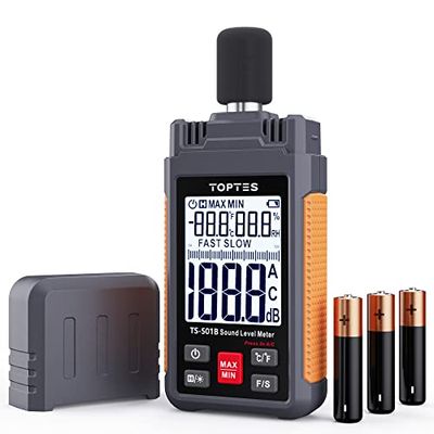 TopTes TS-501B 騒音計 2.25インチバックライト付きLCDスクリーン A/C加重 範囲30-130dB 温度と湿度 最大/最小 データホールド ホームファクトリーで使用 オレンジ 