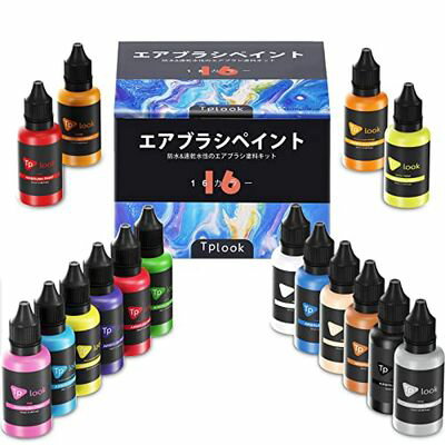 Tplookエアブラシ塗料16色アクリルエアブラシ塗料セット（30 ml / 1オンス）不透明＆ネオンカラーの希釈は、プラスチックモデルセラミックキャンバス紙のための水ベースの防水クイック乾燥を必要としない希釈